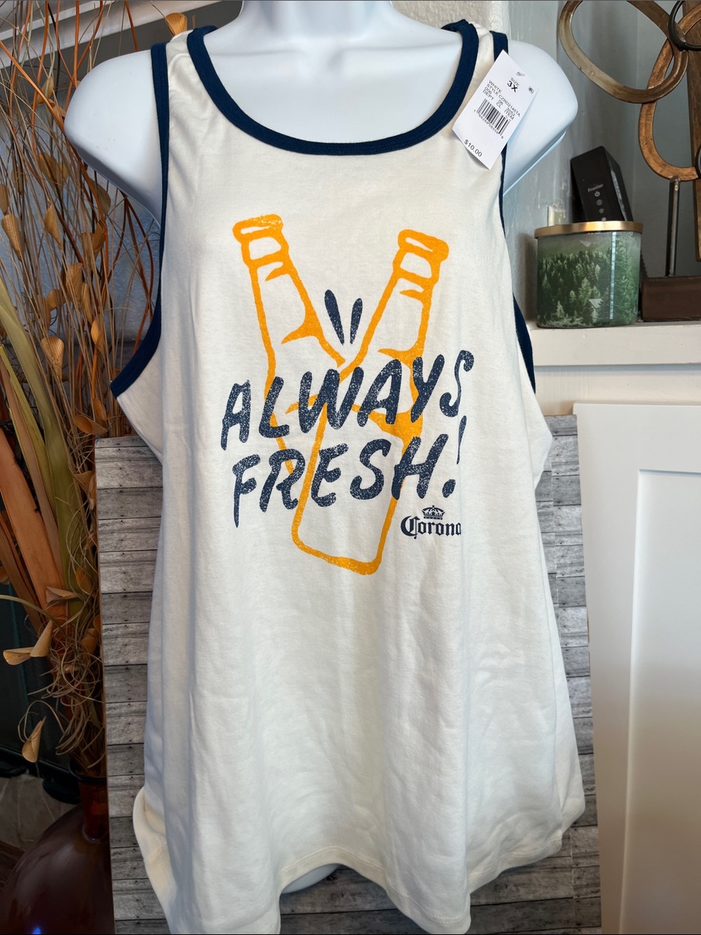 Corona Cream Tank with Navy Trim and Yellow Bottle Graphic